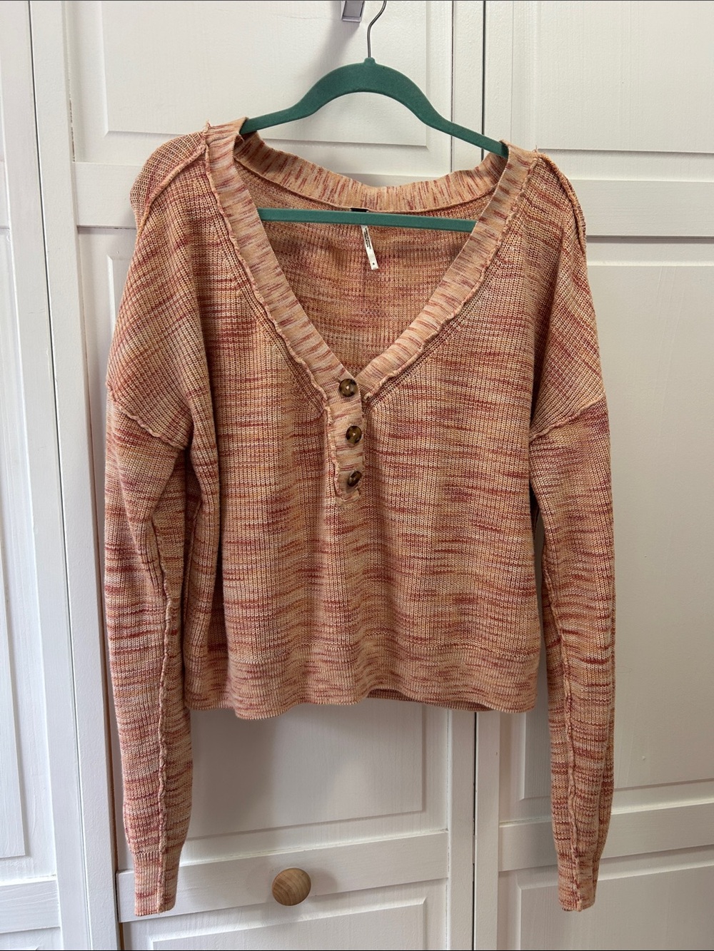 Free People V-Neck Button Henley Knit Top - Peach Multi
